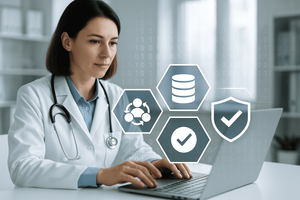 Doctor or medical staff sitting at desk with laptop