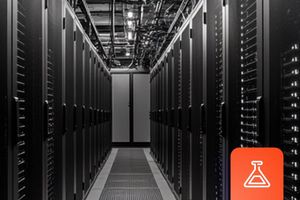 Data center aisle with server racks.