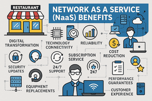 Infographic showing Network as a Service (NaaS) benefits for restaurants. A cartoon restaurant building on the left connects via dotted lines to various benefit icons arranged in a circular pattern around a central IT professional with a laptop. Benefits highlighted include: Digital Transformation, Technology Connectivity, Reliability, Cost Reduction, Performance Guarantees, Customer Experience, Subscription Service, 24/7 Support, Equipment Replacements, and Security Updates.