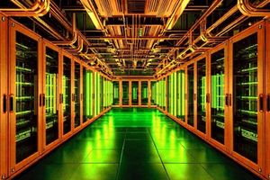 Futuristic data center with AI security solutions for enterprise customers