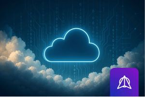 A digital cloud floating above real clouds, in the foreground of a wall of digital numbers, streaming matrix-like from the heavens to the earth.