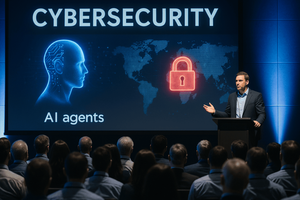 A speaker presents on AI agents at a cybersecurity conference in front of a "Cybersecurity" branded stage backdrop.