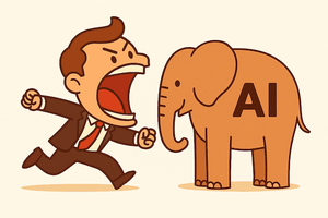 Man with oversized mouth attempting to eat AI elephant