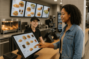 A customer at a Quick Service Restaurant placing an order from a digital touch screen at the front counter. A restaurant crew member stands behind the counter ready to assist, and there is a Digital Menu Board on the wall in the background.