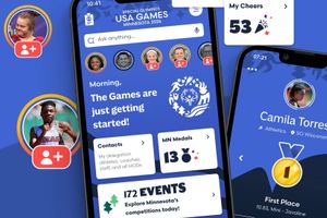 Graphic showing two smartphones displaying the Special Olympics USA Games Minnesota 2026 app, including athlete profiles, medals, events, and app navigation on a blue background.
