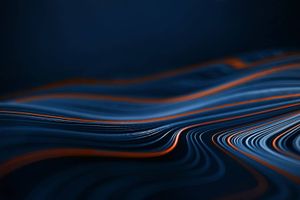 Abstract blue lines with orange accents flowing across a dark background.