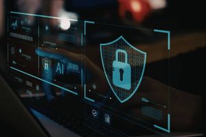 Digital shield with a lock icon representing AI and cybersecurity protection