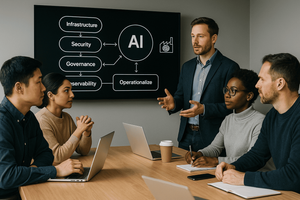 Man presenting to a table of four colleagues. Room monitor shows the words Infrastructure, Security, Governance, Observability and Operationalize leading to AI