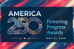 America 250 Powering Progress Awards graphic with a circuit‑patterned '250' and red, white, and blue abstract background.