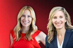 Two professionals posed side by side against a red gradient background, wearing business attire