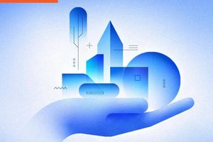 Abstract hand holding a blue geometric cityscape with tech-style accents.