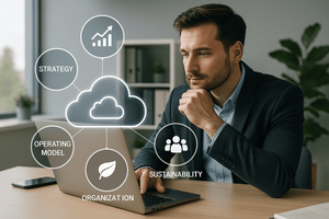 A man seated at a home office desk, looking at an open laptop, with an overlay of cloud-related topics (e.g., strategy, operating model, organization, sustainability).