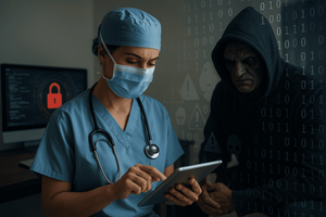 Healthcare worker in scrubs typing on a tablet while a scowling, hooded man looks over her shoulder. 1s and 0s form a transparent wallpaper behind him.