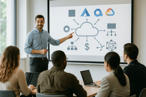 Man pointing to a screen that shows a diagram of a cloud with arrows leading to icons representing speed, automation, cost, structure. He is standing in front of a team of people. 