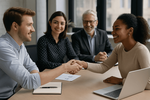 Two people shaking hands over a table in a business setting while two other people look on