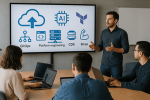 Man presenting in a meeting a screen that shows a diagram of a cloud icons representing GitOps, Platform engineering, CDK and Bicep. He is standing in front of a team of people. 