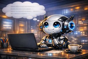 A cute, humanoid robot with glowing blue eyes sits at a desk with a laptop and a steaming coffee cup. A thought bubble floats above its head, suggesting active thinking or problem-solving.