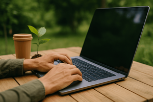 The hands and arms of a person typing on a laptop that sits on a wooden table outdoors. 