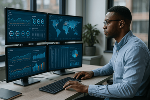 Man typing on a keyboard looking at four large monitors showing data represented in pie charts, line charts, bar charts and data lists