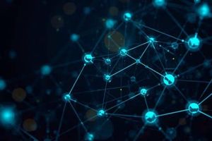 Abstract geometric network with dark blue and teal colors, data flow visualization, enterprise technology theme, interconnected nodes and lines, digital network pattern, modern tech aesthetic, clean geometric shape