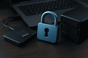 A realistic photograph of an external drive connected to a laptop, another external drive and a padlock. 