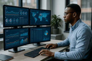 A man tying on a keyboard looking at four computer monitors filled with data and charts