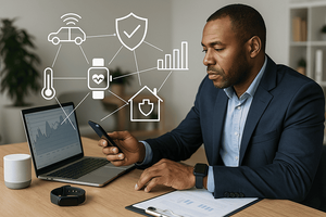 A man in a suit sitting at a table looking at his phone. One the table are a clipboard that has data, his laptop that also has data represented through charts, and a smart watch. Icons representing cars, security, bar chart, a home, the smart watch and a thermometer float above the table. 