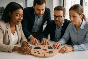 Four colleagues working together on a simple puzzle that represents cloud, security, Wi-Fi and connectivity. 
