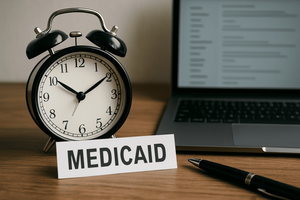 An alarm clock, open laptop and pen on a desk. There is a small placard on the desk that reads "MEDICAID"