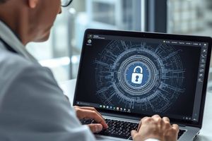 Back view of a clinician typing on a laptop that has an image of a lock surrounded by data, representing privacy and security