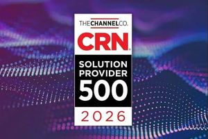 CRN 2026 Solution Provider 500 badge over a purple and blue digital wave background.