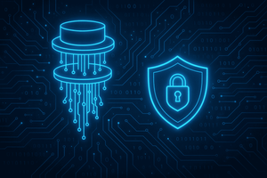 A glowing neon illustration of an AI model icon and a security shield set against a dark circuit board background overlaid with binary code, representing the intersection of artificial intelligence and cybersecurity.