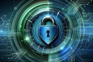 Digital padlock with circuit lines for cybersecurity event header.