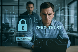 Man typing on laptop while someone looks over his shoulder. Words "zero trust" and "insider threat" appear above the image