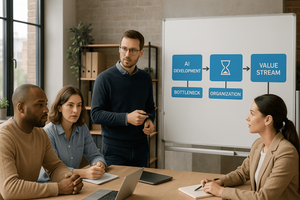 Three people sitting at a conference table while one person presents from a white board. 