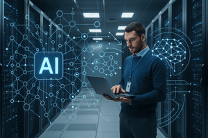 A data center professional holds a laptop while standing among server racks, surrounded by a glowing digital network overlay representing AI-driven infrastructure management.