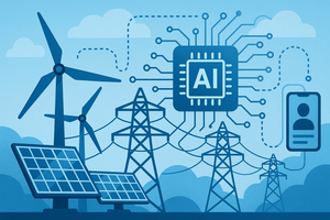 Illustration of wind turbines, solar panels and transmission towers connected to an AI chip and mobile device, representing AI-driven grid technology.