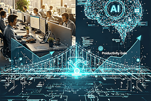 A composite illustration pairing a busy office call center with a digital AI brain and an upward-trending "Productivity Gain" arrow, suggesting that artificial intelligence is driving measurable efficiency improvements in workforce operations.