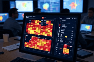 A monitor in a dimly lit operations center displays colorful red, orange and yellow heatmap dashboards visualizing cybersecurity vulnerability data, with analysts and additional screens visible in the background.