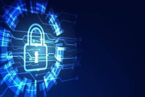 Padlock surrounded by digital circuit patterns, symbolizing cybersecurity for AI-focused event.
