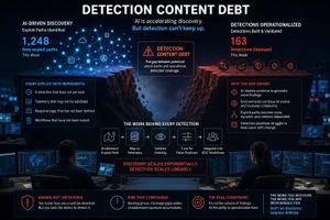 An infographic titled 'Detection Content Debt' contrasting AI-driven vulnerability discovery (1,248 new exploit paths identified weekly) with detections operationalized (163 detections deployed weekly), illustrating that discovery scales exponentially while detection scales linearly. Features two cybersecurity analysts at workstations in a dark environment.