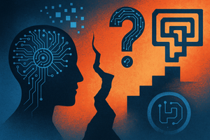 Two stylized human head silhouettes facing each other against an orange background, one depicting a circuit board brain representing artificial intelligence and the other showing a maze-like question mark representing vulnerability or uncertainty.