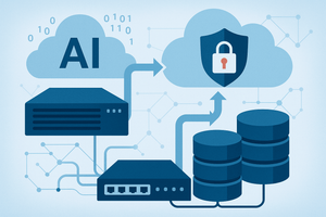 AI-generated illustration of a network infrastructure diagram showing F5 BIG-IP traffic management connecting AI workloads to distributed S3-compatible storage systems in a hybrid cloud environment.