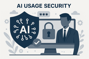 Illustration titled "AI usage security" showing a shield with an AI circuit icon, a padlock, masked password fields, and a businessman at a monitor, symbolizing secure AI access control.