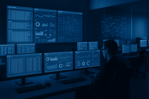 A security analyst sits at a multi-monitor workstation in a dark operations center, reviewing cybersecurity dashboards and data visualizations.