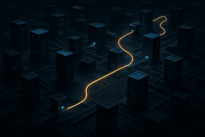 A glowing amber trail winds autonomously through a dark, isometric digital cityscape of server towers and network nodes, representing an AI agent moving undetected across enterprise infrastructure.