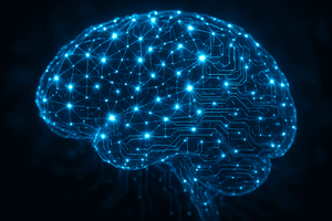A glowing neural network of interconnected nodes forming a brain shape against a dark background, representing AI-native engineering.
