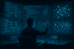 A software engineer gestures toward multiple glowing holographic screens displaying code structures and network diagrams in a dark, teal-lit room.