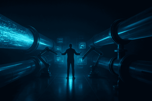 A silhouetted figure stands inside a massive glowing pipeline system, arms outstretched amid holographic panels and robotic scanning arms, representing the tension between high-speed AI code generation and the need for controlled, validated delivery.