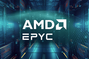 Sign that says AMD EPYC and showcases data center with racks in the background with colorful swirls behind the words AMD EPYC